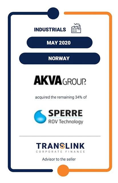 Translink advises Thor Olav Sperre, a shareholder of Sperre AS on the sale of the remaining 34% of his shares in Sperre AS to AKVA Group ASA