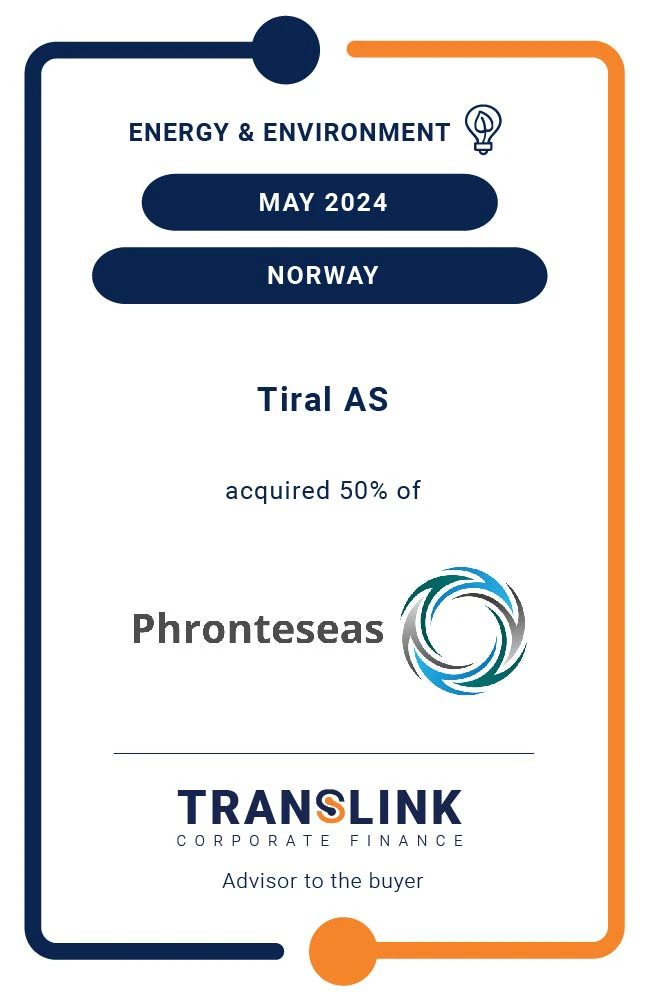 Translink Corporate Finance acted as the advisor to Tiral AS on its acquisition of 50% of the shares in Phronteseas AS