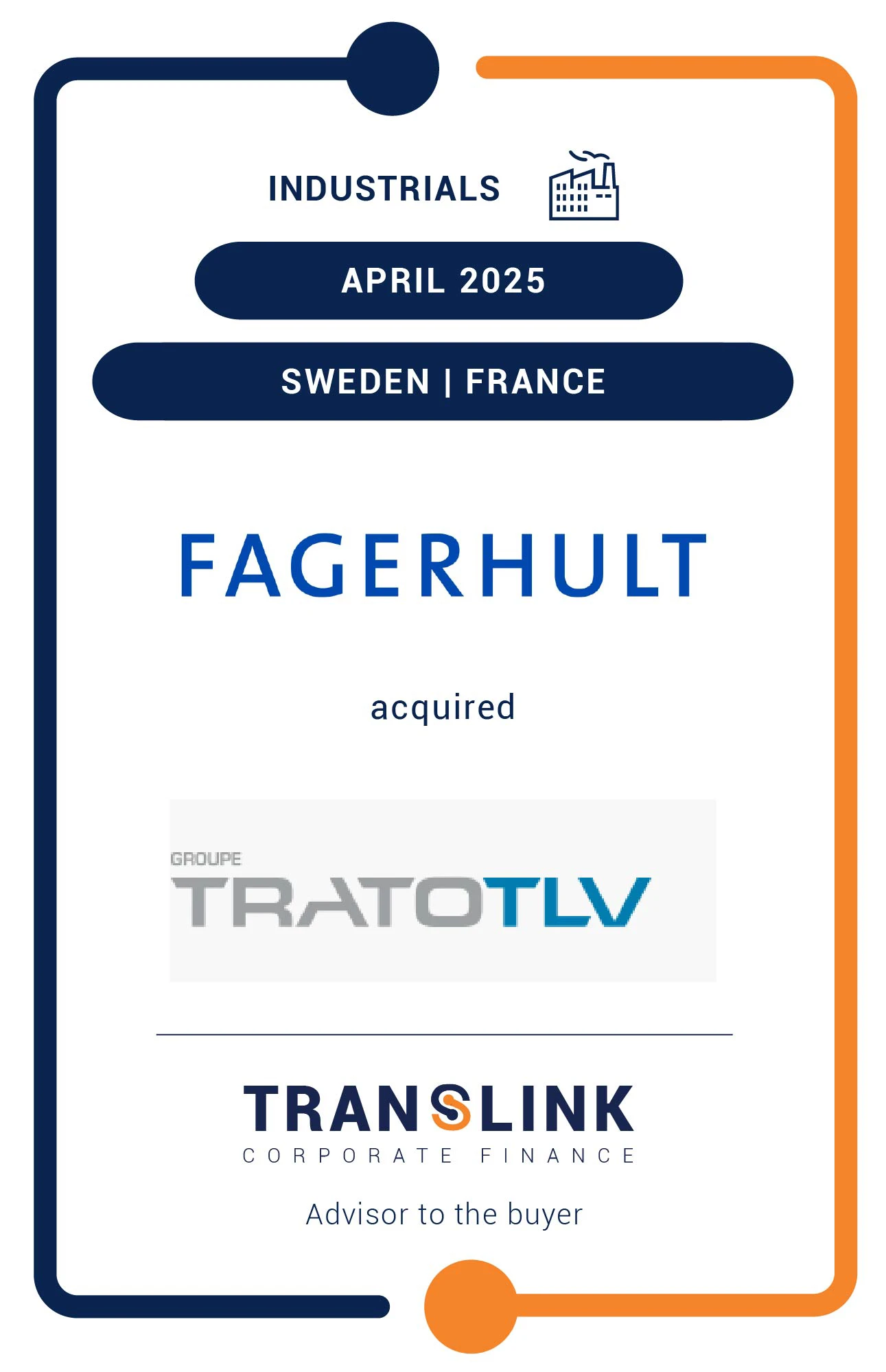 Translink Corporate Finance acted as the advisor to Fagerhult Group on the acquisition of Trato TLV Group