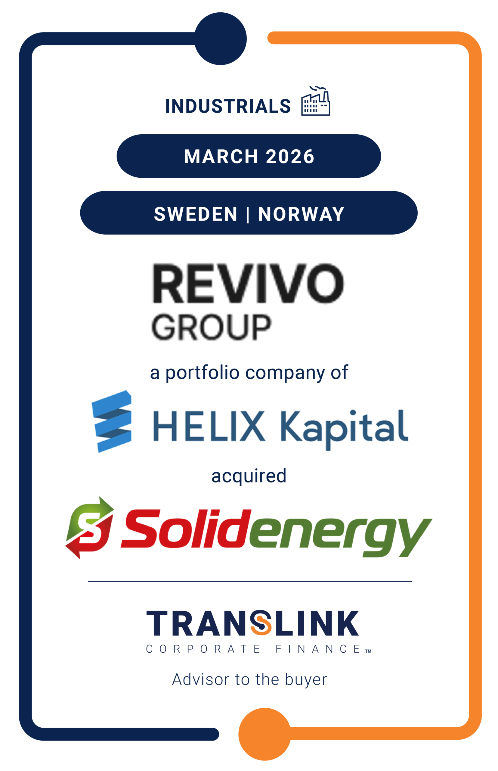 Translink Corporate Finance advised Revivo Group AB, a portfolio company of Helix Kapital, on the acquisition of Solidenergy AS